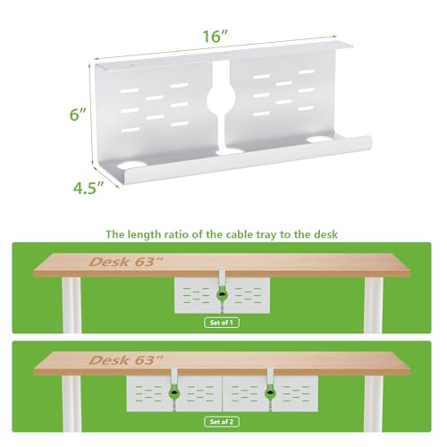 KEEGH 16 in Under Desk Cable Management Tray, Metal Cable Tary, 1 Pack | No-Drill Clamp Mount, Ventilation Holes, Cable Management Tray for Home Office, Gaming Desk, Standing Desk, White - color: White, size: 1 Pack