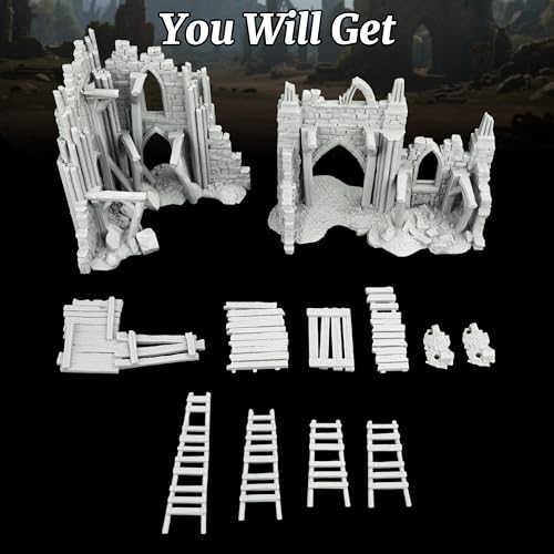 AUSPDICE Fantasy Gothic Ruined Building Set, 25mm Modular RPG Terrain | 1:64 Unpainted Ruined Walls & Scaffolding, DND Terrain for Dungeons and Dragons, TTRPG Battle Maps, Dungeon Masters-AF1119