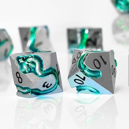 RULE DICE Metal DND Dice Set for Dungeons and Dragons - Polyhedral D&D Dice Set with Green Serpent Design - Balanced D&D Dice for RPGs, TTRPGs - Heavy Duty Zinc Alloy Construction 7 Dice Set - color: Ld-silver Black