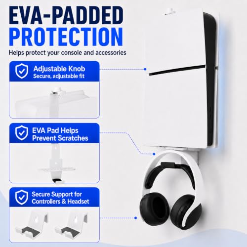 Heavy-Duty Steel Wall Mount Kit Compatible with PS5 Slim, Pro and Original | Secure EVA-padded support, complete install kit, easy setup, open airflow, holders for 2 controllers and headset - color: White