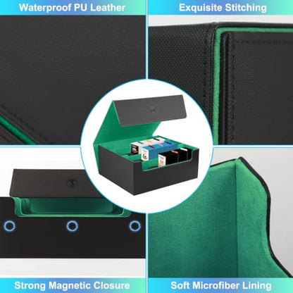 Trading Card Storage Box, Holds 1800 Sleeved Card, PU Magnetic Closure | 200 Toploaders and 600 Penny Sleeves INCLUDED, 10 Dividers and 6 Foam Stoppers INCLUDED, Fit for MTG, TCG and Sports Cards - color: Black and Green