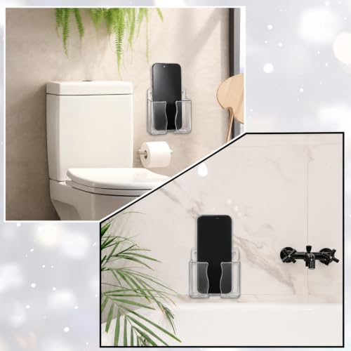 4 Pack Wall Mounted Phone Holder, Phone Stand Self Adhesive with Charging Hole, Compatible with All Smartphone Phones Cradle Bedside Organizer Remote Control Stand for Home Office (Clear)