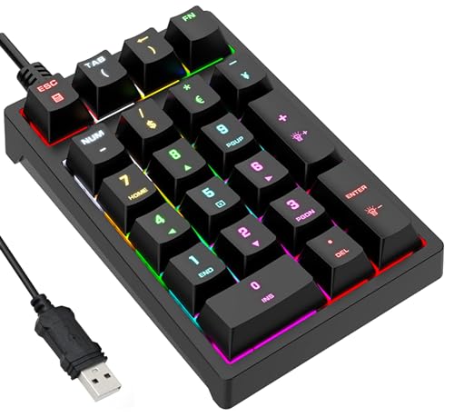 Number Pad, Mechanical USB Wired Numeric Keypad with RGB LED Backlit 21 Key Numpad,Mechanical Numeric Keypad for Laptop Desktop Computer PC Blue Switch - color: Classic Black