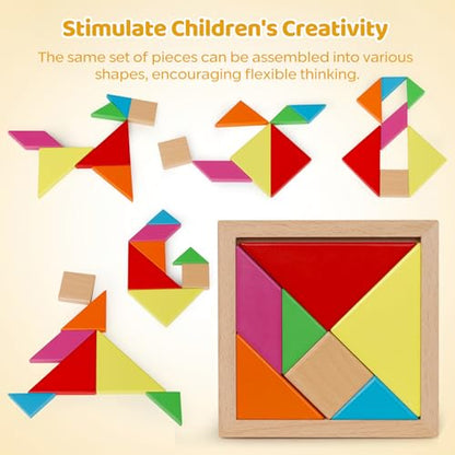 5 Pack Wooden Brain Teaser Puzzles Sets for Kids,Montessori Brain Blocks Logic Tangram Geometric Shapes Puzzle Matching Games Easter Basket Stuffers Gifts for All Ages Boys Girls - style: Puzzle set-5pcs