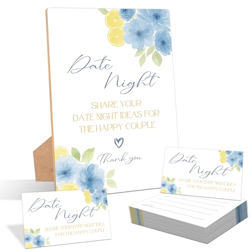 Blue Citrus Date Night Bridal Shower Game, Pack of 1 Wooden Tabletop Sign with Stand and 50 Date Night Cards, Lemon Bridal Shower Decorations, Wedding Engagement Decor - YN05 - color: Blue Citrus