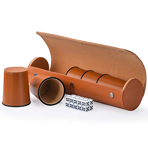 Leather Dice Cup Set, 5 Black Dice Cups + 25 Dices + Exclusive Storage and Transport Case Made of Faux Leather (Orange) | PU leather dice set with 5 felt-lined cups, 25 dice and storage case for Liar’s Dice, craps, backgammon and party games - color: Oran