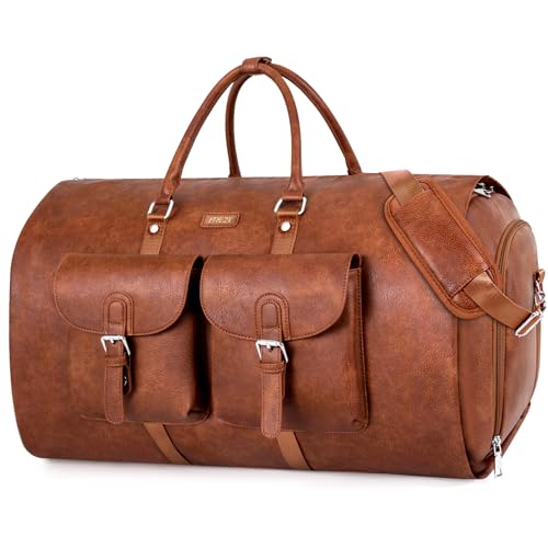 Garment Bag for Travel Convertible Carry on Travel Duffel Bag for Men Women | 3PCS Large Weekender Bag with Waterproof Shoes Pouch 2 in 1 Hanging Clothes Suit Dress Bag Travel Garment Duffel Bag 56L - color: A5-Brown-Faux Leather