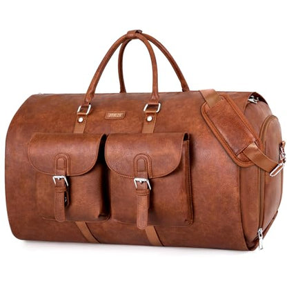 Garment Bag for Travel Convertible Carry on Travel Duffel Bag for Men Women | 3PCS Large Weekender Bag with Waterproof Shoes Pouch 2 in 1 Hanging Clothes Suit Dress Bag Travel Garment Duffel Bag 56L - color: A5-Brown-Faux Leather