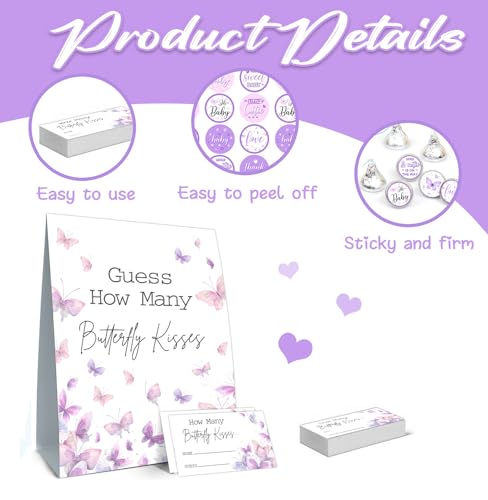 Butterfly Kisses Baby Shower Game Set - Guess How Many Kisses, 50 Cards, Standing Sign, 180 Stickers - color: Butterfly 01