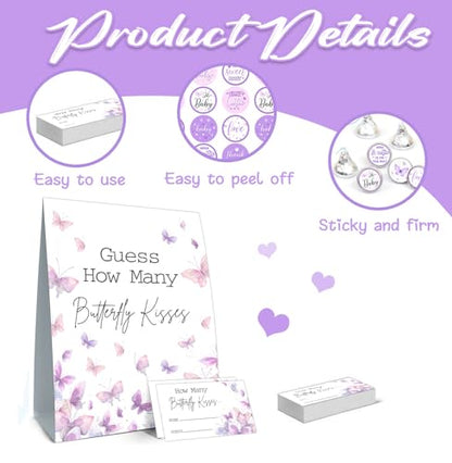 Butterfly Kisses Baby Shower Game Set - Guess How Many Kisses, 50 Cards, Standing Sign, 180 Stickers - color: Butterfly 01