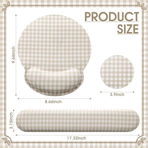 Tellegloww Wrist Rest Support for Mouse Pad&Keyboard Set, Khaki Gingham Checkered Circle Curved Ergonomic Mousepad&Coaster Non-Slip Base Design for Office Home Laptop Desktop Computer Keyboard - color: Khaki