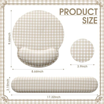 Tellegloww Wrist Rest Support for Mouse Pad&Keyboard Set, Khaki Gingham Checkered Circle Curved Ergonomic Mousepad&Coaster Non-Slip Base Design for Office Home Laptop Desktop Computer Keyboard - color: Khaki