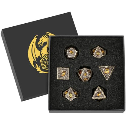 Metal Dice Set, Dragon Eye Theme, 7pcs Polyhedral Metal DND Dice Set, DND Starter Set, D&D Gifts with Gift Box, Role Playing Board Games Accessories, Bronze Amber - color: Bronze Amber With Gift Box