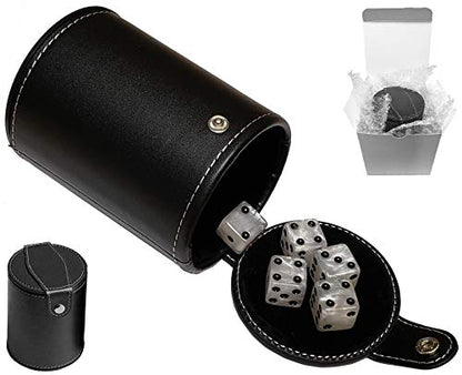 Cyber-Deals Set of 16mm Marbleized Dice and Black PU Leather, Velvet Lined Dice Cup with Storage Compartment (Gift Boxed) (Pearl Dice, Black Lining Cup) - color: Pearl Dice, Black Lining Cup