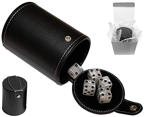 Cyber-Deals Set of 16mm Marbleized Dice and Black PU Leather, Velvet Lined Dice Cup with Storage Compartment (Gift Boxed) (Pearl Dice, Black Lining Cup) - color: Pearl Dice, Black Lining Cup