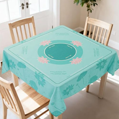 HOMBYS Elegant Lotus Mahjong Table Cloth 55x55 Inch, Square Mahjong Mat with Beginner Game Rules, Spill-Resistant Cover for Card & Tile Game Tables (Mint Green) - color: Mint Green
