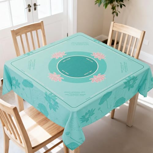 HOMBYS Elegant Lotus Mahjong Table Cloth 55x55 Inch, Square Mahjong Mat with Beginner Game Rules, Spill-Resistant Cover for Card & Tile Game Tables (Mint Green) - color: Mint Green