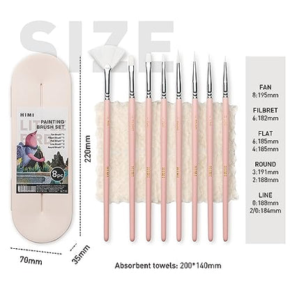 HIMI Paint Brushes Set 8 Pcs for Acrylic Oil Gouache Paint，2 Flat & 2 Round & 2 Liner &1 Filbret &1 Fan, 8pcs Brushs, Interesting Designed Nice Gift for Art hobbyist Beginners Artists (Pink,8Pcs) - color: 8pcs-pink