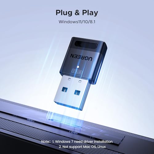 UGREEN USB Bluetooth Adapter for PC, Bluetooth 6.0 Dongle Receiver EDR & BLE, Plug & Play for Windows 11/10/8.1, for Headphone/Keyboard/Mouse/Speakers/Printer