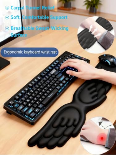 inbesk Angel Wing Wrist Rest Ergonomic Memory Foam Wrist Rest for Computer Keyboard Mouse Set, Cute Gaming Keyboard Cushion Hand Support PU Leather Surface Anti-Slip Waterproof Dirt Resistant (Black) - color: Black