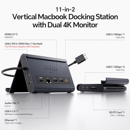 MacBook Docking Station Dual Monitor 4K@60Hz, PD100W, Audio for Home Office | PULWTOP Vertical Laptop Stand with 2 HDMI, 10Gbps USB-C/A, Ethernet, SD/TF, USB C Dock for MacBook Pro/Air M4/M5 – Midnight - color: Midnight