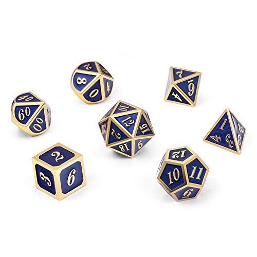 DnDnD Heavy Polyhedral Metal Dice Set with Metal Box, 7-die Shiny Blue Surface with Golden Number for RPG,Dungeons and Dragons,Pathfinder,Shadowrun,D&D,Role Palying Game and Math Teaching - color: Blue With Gold