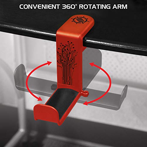 ENHANCE PC Gaming Headphone Holder - Desk Headphone Hanger Esports Headset Holder with Adjustable 360 Rotation, Under Desk Hook Clamp, Universal Fit - Built in Cable Clip Organizer - Red - color: Red