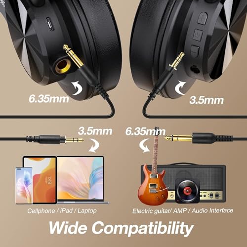 OneOdio A70 Bluetooth Over Ear Headphones, Wireless Headphones with 72H Playtime, Hi-Res, Built-in Mic, 3.5mm/6.35mm Wired Audio Jack for Studio Monitor & Mixing DJ Guitar AMP, Computer PC Gaming - color: Black