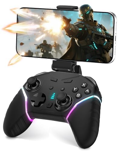 hosowe Mobile Gaming Controller for iPhone/iOS/Android/Switch/Laptop, Wired Control for PC/Steam, Wireless Phone Controller Gamepad with Programmable/Vibration/6-Axis Gyro/Turbo/RGB Lights