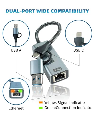 USB A/C to Ethernet Adapter,Ethernet to USB,USBA to RJ45 for Nintendo Switch 2 ,Gigabit Ethernet Adapter, LAN Network for Laptop, MacBook,Chromebook,Surface, Desktop,PC and More (USB A+C 2.5G) - size: USB A+C 2.5G