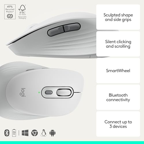 Logitech Signature Comfort M840 L Wireless Mouse Bluetooth - Off White | Bluetooth, SmartWheel, customizable buttons, multi-device, for Windows, MacOS, iPadOS - color: Off White, style: No Palm Cushion