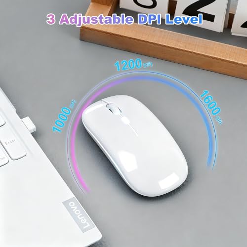 Wireless Bluetooth Mouse, Rechargeable Computer Mouse, White | Dual Mode - BT5.2 & 2.4G,Long Lasting,Silent RGB LED Mice,Slim Portable Mouse for Laptop,PC,Tablet,MacBook,iPad,Apple Devices - color: White