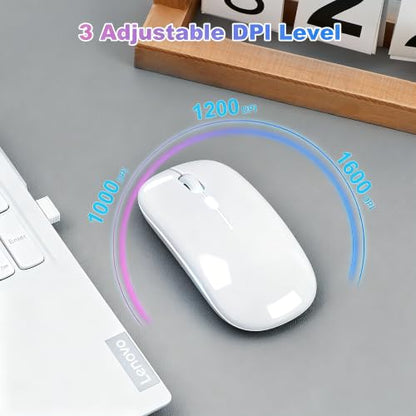 Wireless Bluetooth Mouse, Rechargeable Computer Mouse, White | Dual Mode - BT5.2 & 2.4G,Long Lasting,Silent RGB LED Mice,Slim Portable Mouse for Laptop,PC,Tablet,MacBook,iPad,Apple Devices - color: White