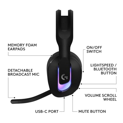 Logitech G522 Lightspeed Wireless Gaming Headset - Black | For PC, 2.4 GHz, Bluetooth & USB-C , <60 Hr Battery, 48 kHz/24 bit Audio, Detachable 48 kHz/16 bit Blue VO!CE Mic, RGB - color: Black