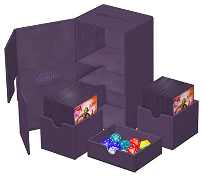Ultimate Guard Twin Flip'n'Tray 200+, Deck Case for 200 Double-Sleeved TCG Cards + Dice Tray, Purple, Independent Magnetic Closure & Microfiber Inner Lining - color: Purple