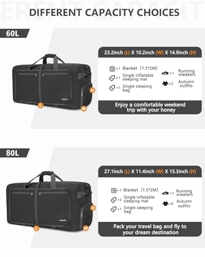 Gonex Large Foldable Travel Duffle Bag with Shoes Compartment, Packable Lightweight Water Repellent Duffel Bag for Camping Gym Weekender Bag - color: Dark Grey, size: 60L