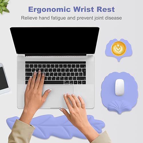 Keyboard Wrist Rest and Mouse Pad with Wrist Support Set, Ergonomic Leaf Shape Mouse Pad with Non-Slip Base, Pain Relief Memory Foam Mousepad for Computer,Laptop,Home Office, Purple - color: Purple