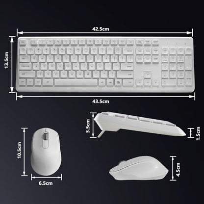 HUO JI Silent Wireless Keyboard and Mouse Combo, Quiet and Soft,Thin, White | 2.4G Full-Size Ergonomic Wireless Computer Keyboard Mouse for Windows, Laptop/PC/PS/Mac Desktop