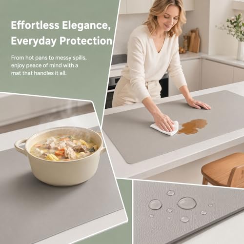 Multisize Plastic Leather Table Cover Protector-3.5mm Thick 13.4"x48.4" Non-Slip Water Resistant Vinyl Desk Cover Pad Mat for Office Computer Gaming Desk Wood Kitchen Bedside Sofa Table Grey