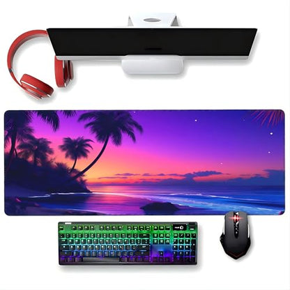 XXL Gaming Mouse Pad 35.4x15.7 inch, Sunset Beach Landscape Theme Desk Mat,Large Purple Starry Sky Ocean Sea Mousepad (Sunset sea) - color: Sunset sea