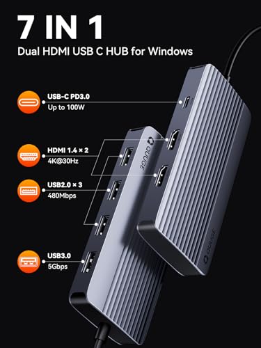 QUUGE Docking Station Dual Monitor 2 HDMI, 7 in 1 USB C Hub with Dual HDMI 4K, PD Charging, 5Gbps USB 3.0, 3 USB2.0, USB C Docking Station for MacBook Pro/Dell XPS/HP/Lenovo/Surface/Yoga etc - style: QC701【2 × HDMI + 4 × USB-A + PD 100W】