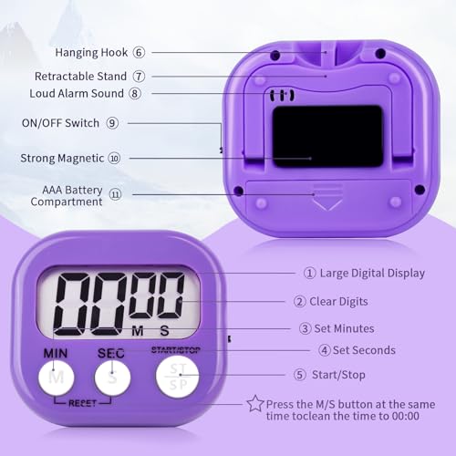 4 Pack Purple Digital Kitchen Timer Magnetic Digital Timer with Big Display Loud Ring Cooking Timers for Cooking, Game, Gym, Break Time, Classroom (4, Pruple) - color: Purple