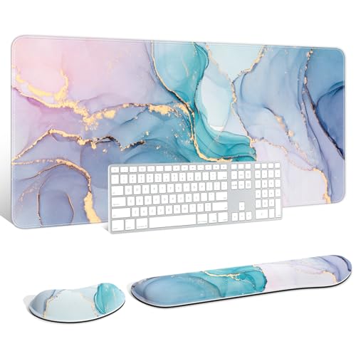 Auhoahsil Large Mouse Pad with Wrist Rests for Keyboard & Mouse, Thick Soft Ergonomic Memory Foam Wrist Supports, Big & Long Desk Mat 35.5 x 15.7 in, for Office Gaming Computer, Blue Pink Marble - color: Ink Teal Blue Pink Marble