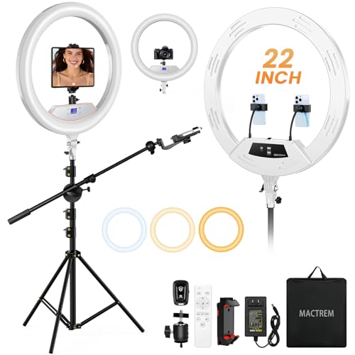 Ring Light 22inch Kit: Ring Light Tripod for iPhone ipad,with 75" Tripod/LCD Display/4 Phone Tablet Clips/2 USB Ports,LED RingLight for Barber Makeup Tattoo TikTok Video Recording Vlog (White) - color: White, size: 22Inch