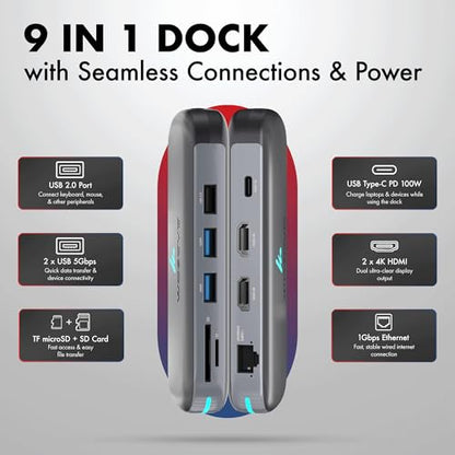 Type C 9 in 1 Wozoyo Docking Station with 2XUSB 5Gbps, 2X4K HDMI, Gigabit Ethernet, SD & TF Card Reader, PD 100W, USB 2.0, USB-C Hub, Compatible with Thunderbolt 4, macOS, Windows, Android & iOS - style: 9-in-1