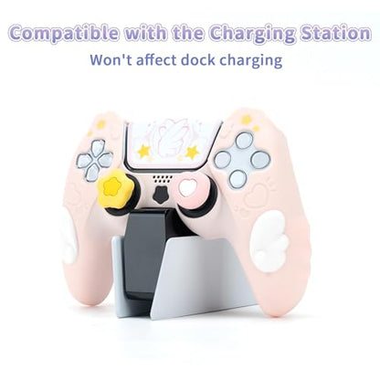 GeekShare PS5 Controller Skin Set,Silicone Protective Cover Skin Case for PS5 Wireless Controller with 2 Thumb Grip Caps and 2 Stickers - Star Wings Series (Pink) - color: Star Wings Pink