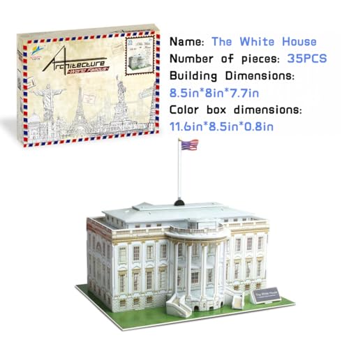 Architecture World Famous of 3D Puzzle.Build Your Own Collection of 17 Global Landmarks (Notre Dame, Colosseum) - Educational DIY Model Kit for Kids & Adults. (The White House) - color: The White House