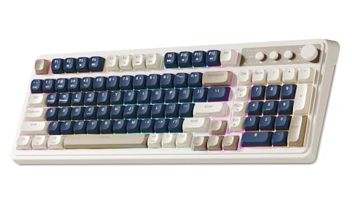 AULA 99 Key Keyboard, Wireless Gaming Keyboard Bluetooth Computer Keyboards | Creamy Cute Membrane Keyboard with Number Pad,RGB Backlit,Tri-Mode BT/2.4GHz/USB-C,2000mAh Rechargeable Thocky Keyboard - color: Blue&Grey&Beige