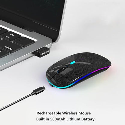 WREANU Wireless Bluetooth Mouse Rechargeable Laptop Mice with LED Lights Silent Slim Use(BT5.2 and 2.4G Portable USB Receiver)Dual Mode Computer Mouse for Laptop/iPad/Tablet/Apple/PC/Mac(Pearl Black) - color: Pearl Black
