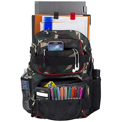 Eastsport Travel Skateboard Backpack Double Strap Laptop Bag Multi-Sport Design for Men and Women, Black Green Camo Red Trim - color: Black/Hunter Green Camo/Poppy Red Trim